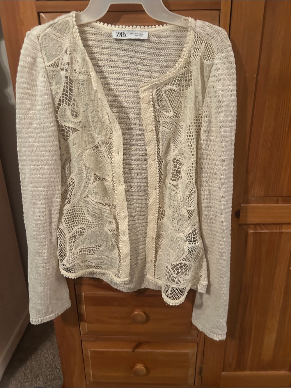 Zara Cream Lace-Panel Open Cardigan